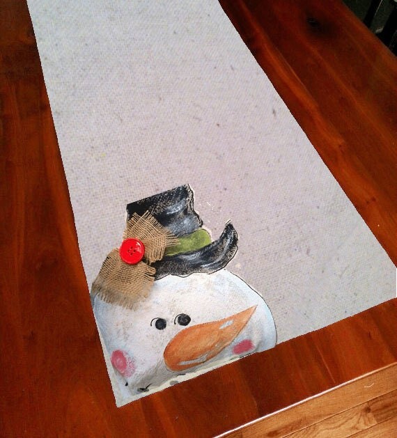 Hand-Painted Snowman Table Runner, Winter Decorations, Holiday Linens, Christmas Handmade
