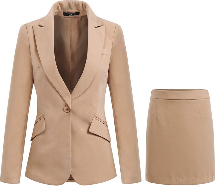 YYNUDA Women's 2 Piece Suit Casual One Button Blazer Business Trouser Suits  Office Skirt Suits Size XS Apricot XS - ShopStyle