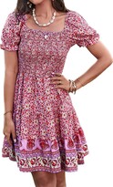 Thumbnail for your product : Kirundo 2023 Summer Women's Square Neck Smocked Floral Dress Boho Off Shoulder Tiered Ruffle Flowy Mini Short Dresses(Blue