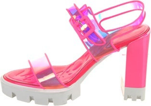 Christian Louboutin PVC Slingback Sandals Metallic & Pink Colorblock Pattern Leather Trim Platform Buckle Closure at Ankles Designer