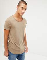 Thumbnail for your product : BEIGE Asos Design ASOS DESIGN longline t-shirt with raw scoop neck and curve hem in linen mix in
