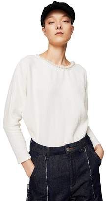 Mango - White Embellished 'Clemenza' Long Sleeves T-Shirt