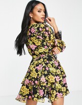 Thumbnail for your product : ASOS DESIGN soft mini skater dress in pink floral print with eyelash lace details
