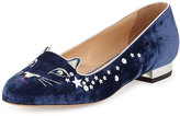 Thumbnail for your product : Charlotte Olympia Party Kitty Sequin Velvet Slipper, Navy