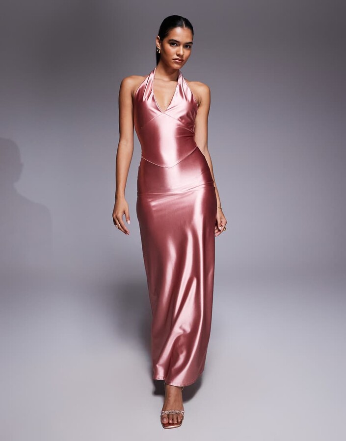 ASOS DESIGN plunge stretch satin maxi dress in baby pink ShopStyle