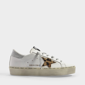 Golden Goose High Star Sneakers In White Leather, Lurex Detail And Leopard Star