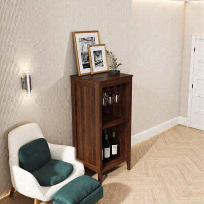Latitude Run Brown Walnut Color Modular Wine Bar Cabinet with Storage Shelves and Hutch for Dining Room
