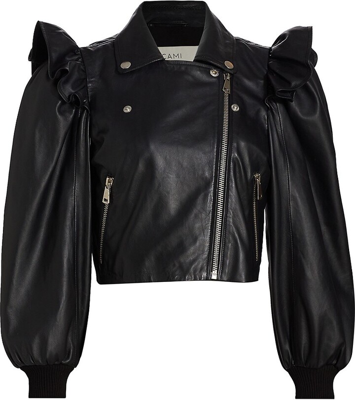 Women Black Ruffled Leather Jacket | ShopStyle
