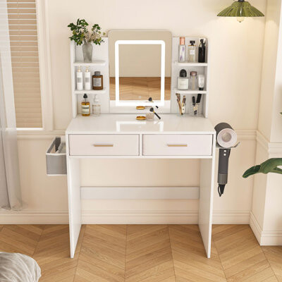 LED Mirror Vanity Dressing Table with Adjustable Lights, Large Drawers, Hair Dryer Stand, and Non-Woven Storage Bag for Makeup and Bedroom Use