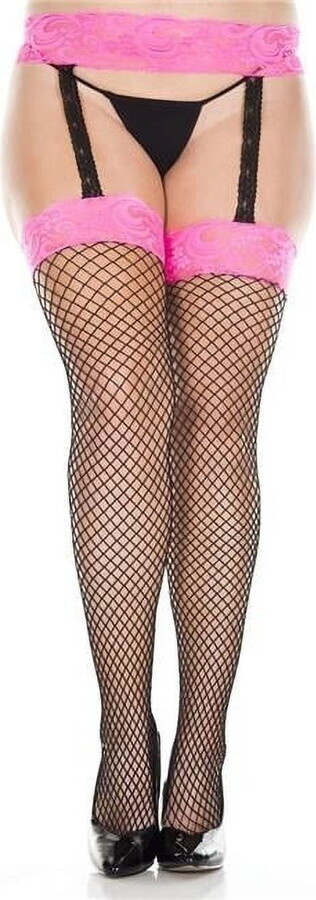 Music Legs Women’s Plus size lace top mini diamond net spandex garterbelt stockings 7995Q-BLACK-HOTPINK 7995Q-BLACK/HOTPINK