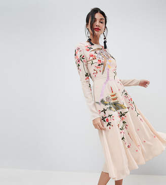 ASOS Tall TALL Midi Dress with Pretty Floral and Bird Embroidery