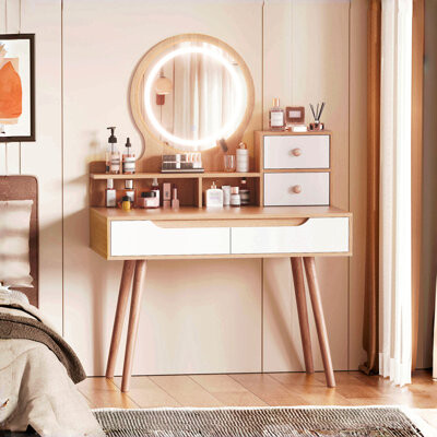 George Oliver Makeup Vanity Desk With 3 Adjustable Lighted Mirror With Solid Wood Table Feet , Dressing Table Set With 4 Drawers And 3 Open Shelves For Small Space