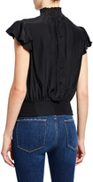Thumbnail for your product : Frame Mock-Neck Cap-Sleeve Smocked Ruffle Top