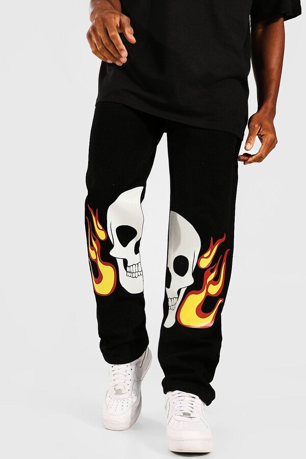 boohoo Mens Black Relaxed Fit Skull Flame Graphic Jean, Black - ShopStyle