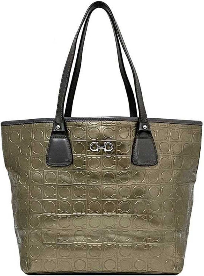 Ferragamo Gold Gray Pvc Leather Tote Bag (Pre-Owned)