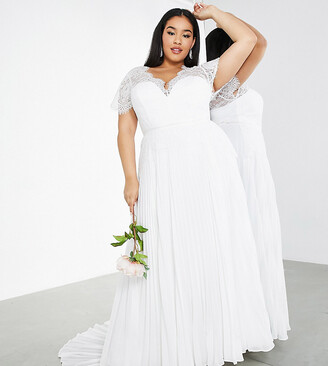 ASOS Curve ASOS DESIGN Curve Sophia plunge lace wedding dress with pleated skirt in ivory