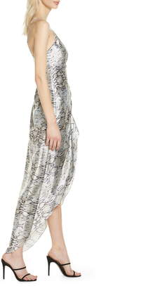 Bellevue The Label Snakeskin Print Ruched Satin Maxi Dress
