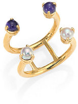 Thumbnail for your product : Aesa Invisible Cities 4MM White Freshwater Pearl & Iolite Double Wave Ring
