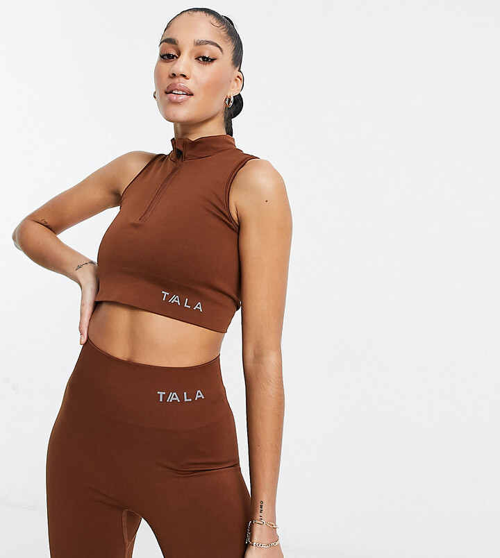 Tala Zahara medium support sports bra with half zip in brown - exclusive to  ASOS - ShopStyle