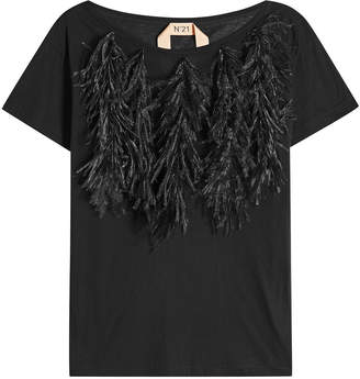 N°21 Cotton T-Shirt with Ostrich Feathers