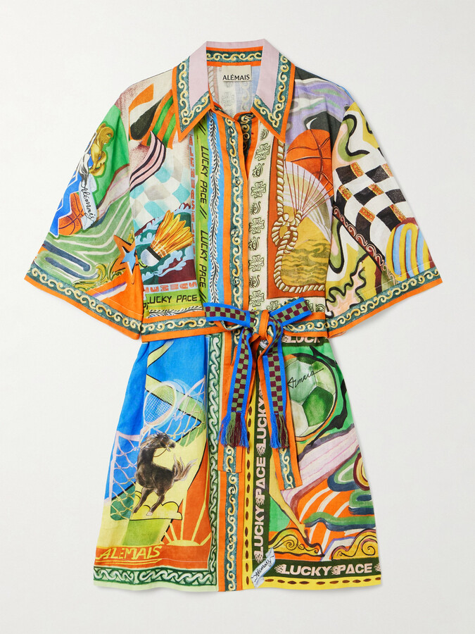 ALÉMAIS ALÉMAIS - Lucky Pace Belted Printed Linen-gauze Mini Shirt Dress - Multi