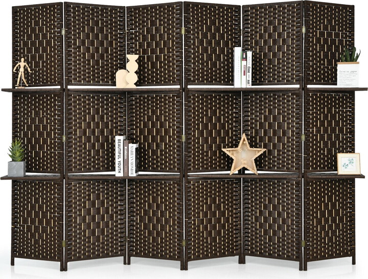 Gymax Brown 6 Panel Folding Room Divider 6Ft Weave Fiber Screen W/ 2 Display Shelves