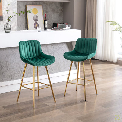 Mercer41 30 Inch Set Of 2 Bar StoolsWith Chrome Footrest Velvet Fabric Counter Stool Simple High Bar Stool