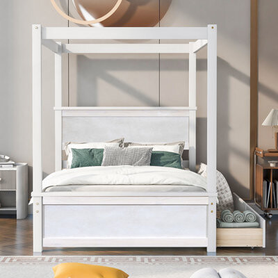 Latitude Run Full Size Wooden Canopy Bed With Two Drawers And Support Slats