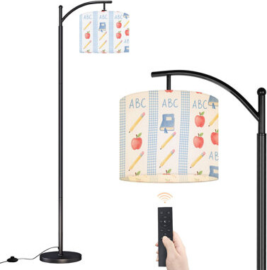Latitude Run Arc Floor Lamp ABC Apples Books Pencils Watercolor Style Floor Lamps with Remote LED Lights Adjustable Lamp Shades Tall Standing Lamps for Reading Off