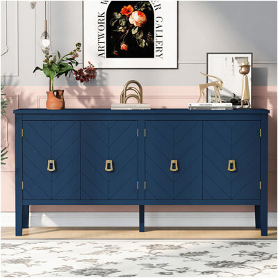 Ebern Designs 63-Inch Four-Door Sideboard - Geometric Patterned Design With Vintage Metal Handles, Narrow Entryway Table For Living Room, Foyer, And Hallway