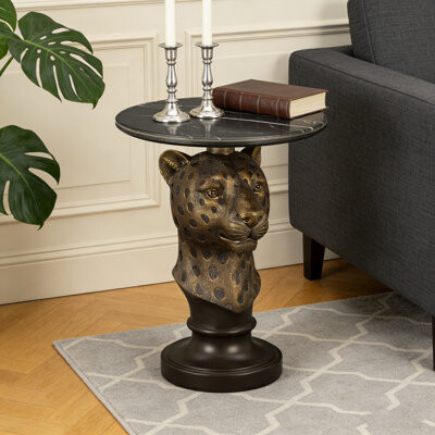 Leopard Head Accent Table With Lifelike Texture, Spots, And Faux Marble Top For Bold Decor