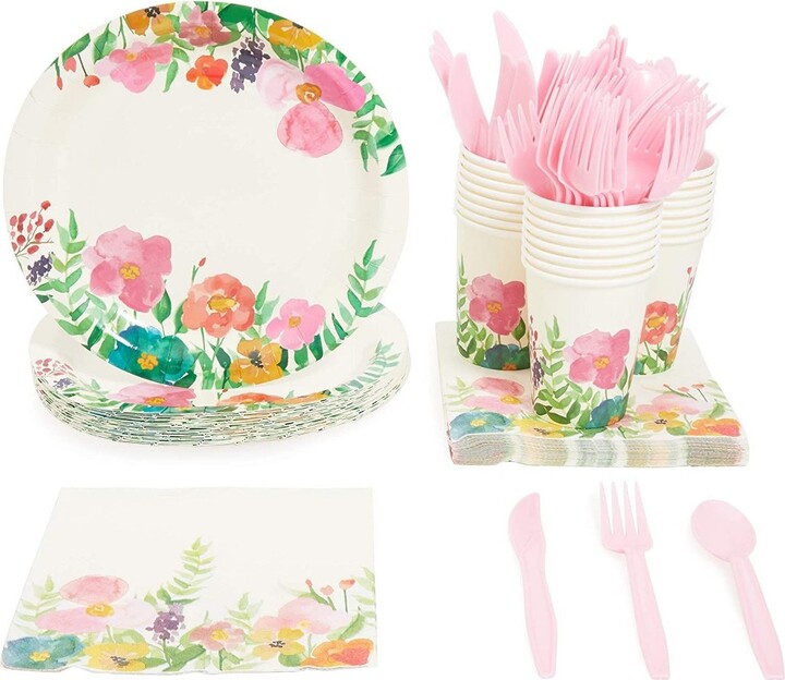 Juvale 144 Piece Watercolor Floral Party Supplies, Flower Paper Plates
