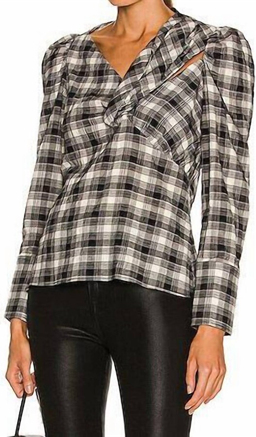 Jonathan Simkhai Rory Plaid Poplin Cutout Draped Shirt In Black Plaid