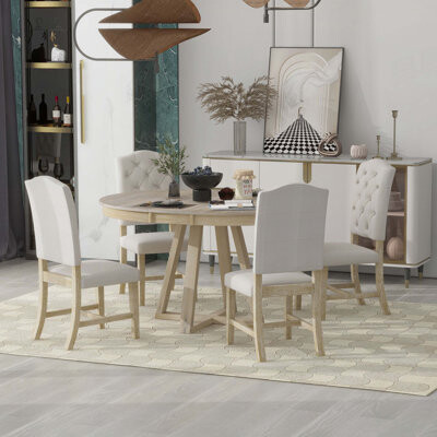Red Barrel Studio Tonecia 5-Piece Retro Style Functional Extendable Dining Set,Round Table with Leaf+4 Upholstered Chairs