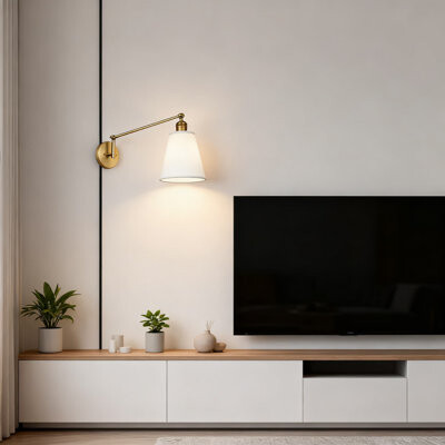 Mercer41 Retro Swing Arm Plug In Wall Sconce With White Fabric Shade Adjustable Arm Lamp For Bedroom Living Room Office Antique Gold Finish Easy Installat