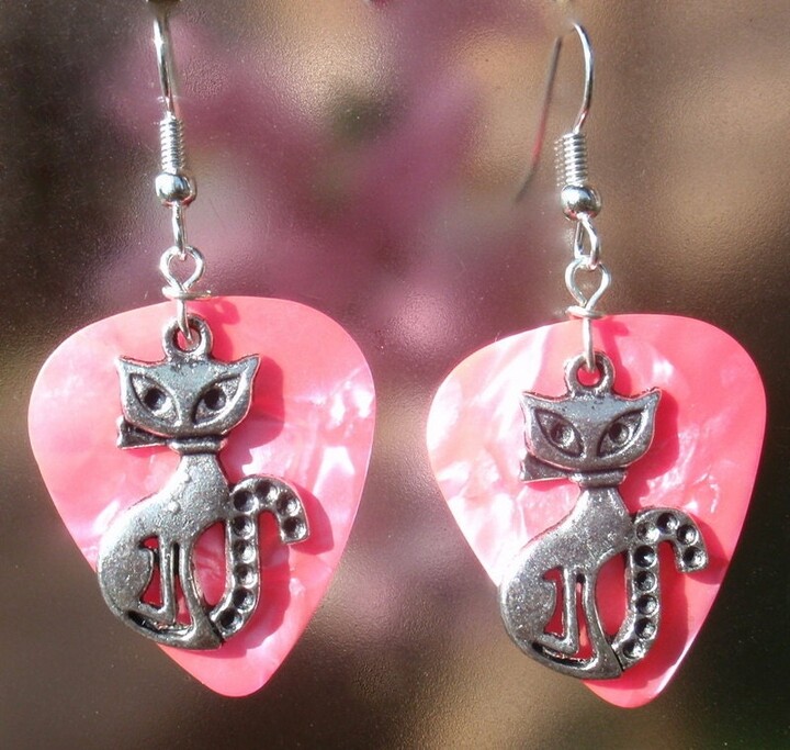 Sitting Kitty Earrings, Feline Guitar Pick Jewelry, Choice 12 Colors, Pierced Or Clip On Dangle Cat Usa