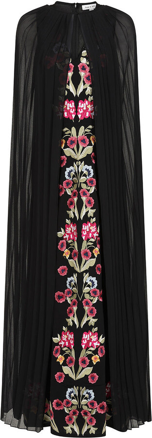 Frock and Frill Valentina Black Floral Embroidered Maxi Dress With Pleated Cape