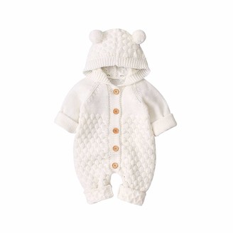 Harri me Cute Baby Hooded Knitted Rompers Newborn Girls Boys Jumpsuit Winter Warm Onesies Button Sweater Outfits 3-24 Months (White 3-6 Months)