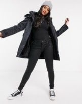 Thumbnail for your product : Morgan ruched waist detail coat with faux fur hood detail in navy