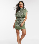 Thumbnail for your product : ASOS DESIGN Petite high neck embroidered mini dress in satin