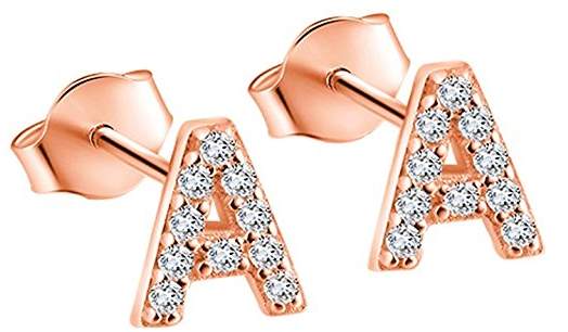 Paialco Rose Gold Plated Sterling Silver CZ Initial Letter Stud Earrings Alphabet A-Z