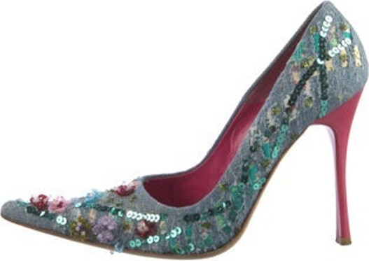 Gianmarco Lorenzi Denim Pumps Blue Floral Print Beaded & Sequin Accents Pointed-Toes