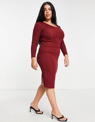 Yours Exclusive ribbed bodycon midi dress in wine