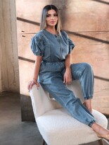 Thumbnail for your product : Summer Wren Denim Jumpsuit With Puff Shoulders