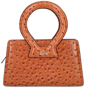 BUENO Cognac Faux OSTRICH LEATHER Handbag w Wood Handle EUC Unique Find!