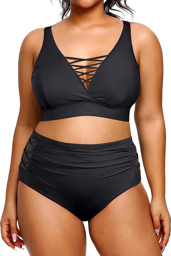 Shop Belly Control Swimwear New Arrivals Yonique Womens Plus Size Bikini High Waisted Swimsuits Two Piece - View #9