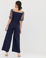 Thumbnail for your product : Little Mistress Tall embroidered top wide leg jumpsuit in navy