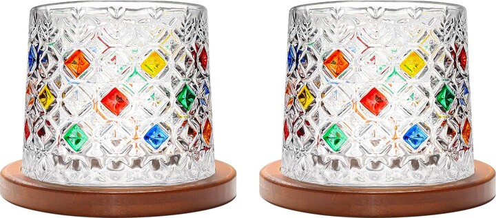 Uten Rotatable Old Fashioned Glass Cup, 275ml/10oz Crystal Whiskey Glass Set of 2, Wood Coaster, Thickening, Used as Rum Glass, Cocktail, Coffee, Milk Cup to Relax and Reduce Stress