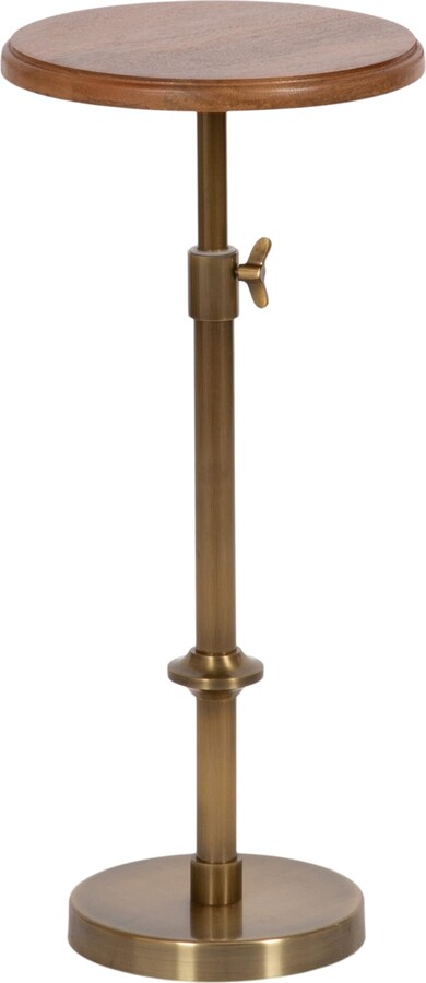 Kate and Laurel Engles Modern Adjustable-Height Pedestal Drink Table; 10 x 10 x 30; Walnut Brown and Brass; Mid-Century Round Indoor Metal Plant Stand with Solid Wood Tabletop