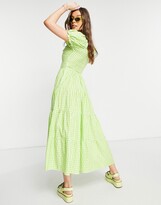 Thumbnail for your product : Stradivarius milkmaid poplin dress with puff sleeves in green gingham